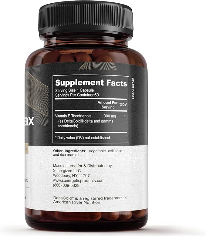 Sunergetic Premium Annatto Tocotrienol Supplement – with DeltaGold – Tocotrienols Vitamin E 300 mg – Supports Liver, Immune & Heart Health - Delta + Gamma Tocotrienols (60 Liquid Capsules)