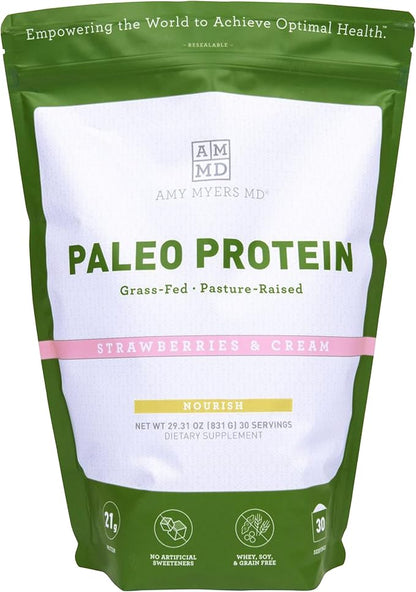 Amy Myers MD Pure Paleo Protein Powder - Clean Grass Fed Pasture Raised Protein - Hormone Free, Non-GMO, Gluten & Dairy Free - Perfect for Keto and Paleo - Strawberries & Cream -29.31 oz (831 g)