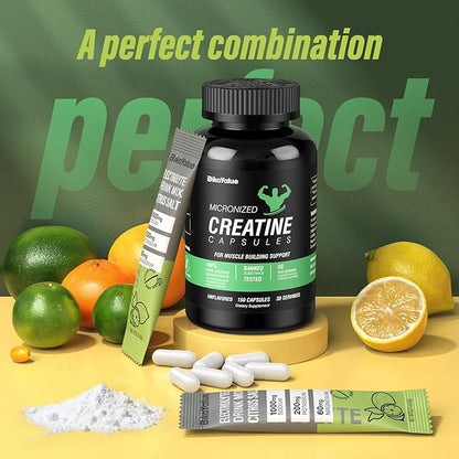Creatine Capsules & Electrolytes Powder, 150 Creatine Capsules, 10 Pack Electrolyte Combination, Supplement for Muscle, Energy, Recovery, Gluten-Free Creatine for Women, Men (30 Servings)