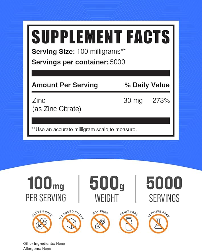 BulkSupplements.com Zinc Citrate Powder - Zinc Supplements, Zinc 30mg - Pure Zinc Citrate for Immune Support - Gluten Free, 100mg per Serving, 500g (1.1 lbs) (Pack of 1)