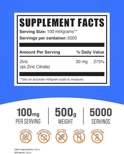 BulkSupplements.com Zinc Citrate Powder - Zinc Supplements, Zinc 30mg - Pure Zinc Citrate for Immune Support - Gluten Free, 100mg per Serving, 500g (1.1 lbs) (Pack of 1)