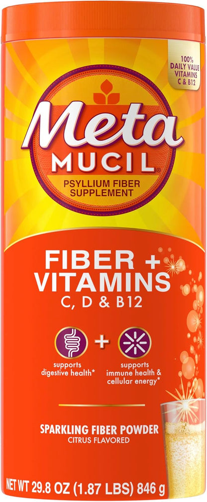 Metamucil Fizzy Fiber Supplement + Vitamins, Plant Based Psyllium Fiber Powder with Vitamins C, D & B12, Daily Supplement for Regularity + Metabolism of Fats and Proteins, Citrus Flavor, 90 Servings