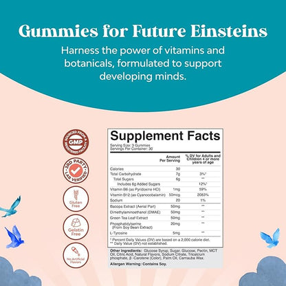 Vegan Brain Focus Gummies for Kids - Kids Focus Supplement with Phosphatidylserine Bacopa Monnieri Green Tea Extract and More Focus Vitamins for Kids Mood Concentration Energy and Focus (2 Pack)