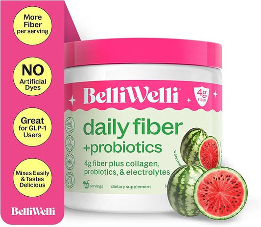 Daily Fiber Supplement Powder with Collagen, Probiotics & Electrolytes | Supports Digestive Health, Gut Balance & Debloating | Watermelon | 16 Servings