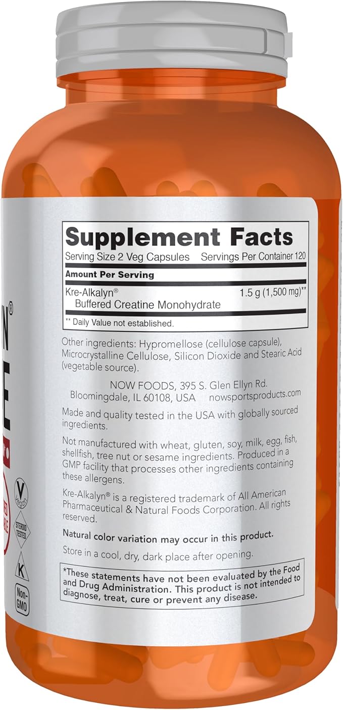 NOW Foods Sports Nutrition, Kre-Alkalyn Creatine 750 mg, Mass Building*/Energy Production*, 240 Veg Capsules
