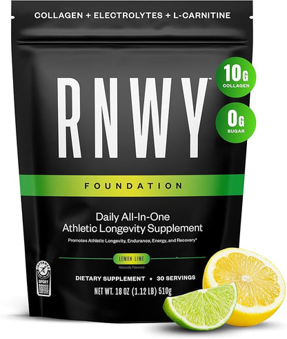 RNWY Lemon Lime Foundation Collagen Powder, Daily Joint Support with Electrolytes and Multivitamin, 10g Collagen Peptides, Sugar Free, 30 Servings