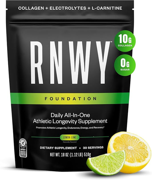 RNWY Lemon Lime Foundation Collagen Powder, Daily Joint Support with Electrolytes and Multivitamin, 10g Collagen Peptides, Sugar Free, 30 Servings