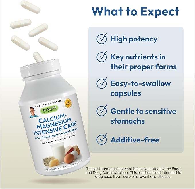 Andrew Lessman Calcium Magnesium Intensive Care 500 Capsules – Bone and Skeleton Health Essentials. Easy to Swallow Capsules with Super Soluble Fine Powder. Gentle to Even The Most Sensitive Stomachs