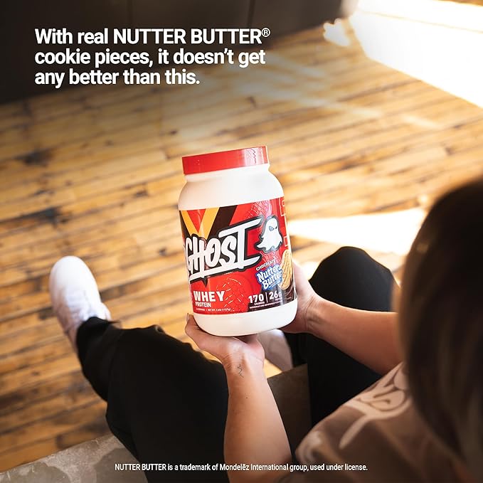 GHOST Whey Protein Powder, Nutter Butter Chocolate - 2LB Tub, 26G of Protein - Chocolate Peanut Butter Cookie Flavored Isolate, Concentrate & Hydrolyzed Whey Protein Blend