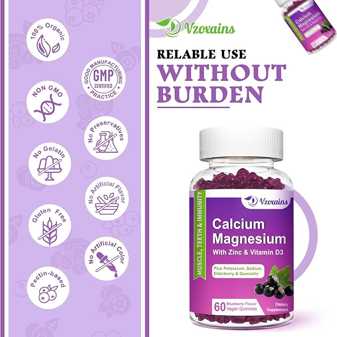 High Absorption Calcium Magnesium Zinc Gummies, Calcium Magnesium Supplement with Potassium Vitamin D3 for Bone & Teeth Strength, Muscle Function - Blueberry Flavor 60 Cts