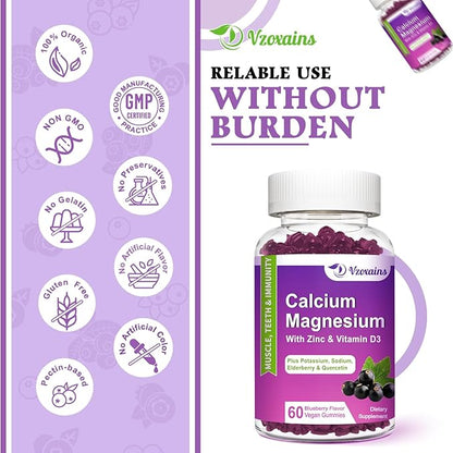 High Absorption Calcium Magnesium Zinc Gummies, Calcium Magnesium Supplement with Potassium Vitamin D3 for Bone & Teeth Strength, Muscle Function - Blueberry Flavor 120 Cts