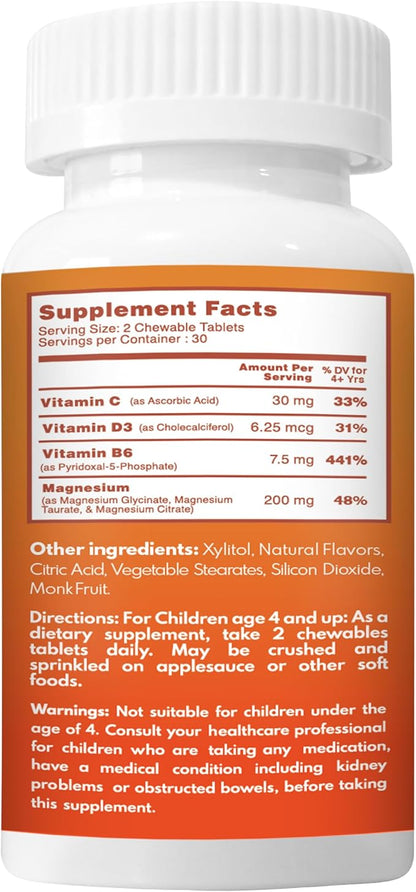 Chewable Magnesium for Kids, Relaxation and Calm Formula, Glycinate, Citrate, Taurate, Vitamin B6, D, C, Natural Cherry Flavor, Sugar Free, Gluten Free, Non-GMO, 60 Chewable Tablets