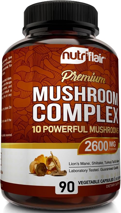 NutriFlair Mushroom Supplement 2600mg, 90 Capsules - 10 Mushrooms Blend - Reishi, Lions Mane, Cordyceps, Chaga, Turkey Tail, Maitake, Shiitake, Oyster Nootropic Complex - Brain, Energy, Focus Pills