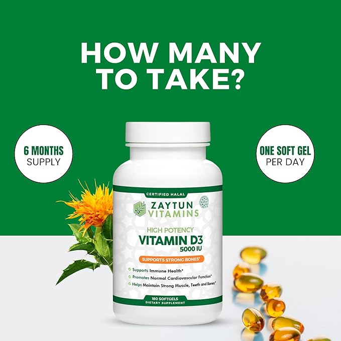 Zaytun Halal Vitamin D3 5000 IU, 180 Mini Softgels, Supports Bones, Healthy Muscle Function & Immune, Premium Vitamin D from Safflower Oil, 6 Months Supply, Non-GMO, Gluten-Free, Made in USA