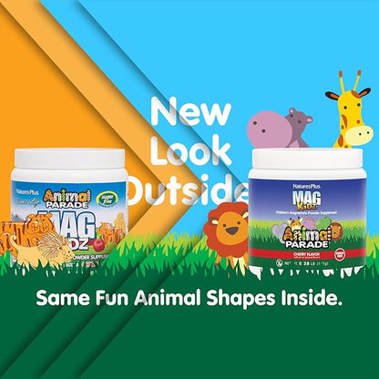NaturesPlus Animal Parade MagKidz, Cherry Flavor - 0.38 lb - Children's Magnesium Powder Supplement - Bone & Muscle Health Support - Gluten Free, Sugar Free - 45 Servings