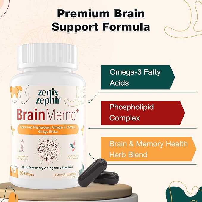 Memory Focus Supplement - Brain Support with Omega-3, Bacopa and Plasmalogens for Enhanced Cognitive Function - Concentration and Memory - Non-GMO, 60 Softgels