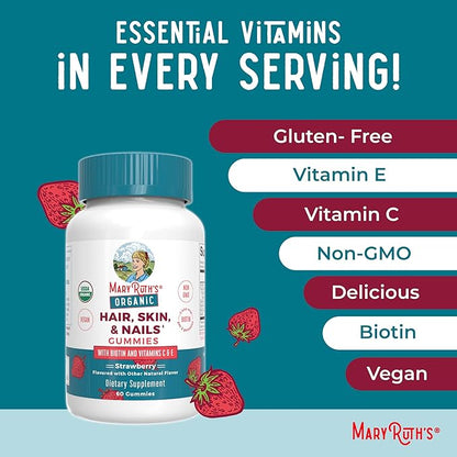 MaryRuth Organics Hair | Skin | and Nails Vitamins | Biotin Gummies with Vitamin C & Vitamin E | Hair Growth Vitamins | Skin Care | Nail Strength | USDA Organic Gummies for Ages 14+ | 60 Count