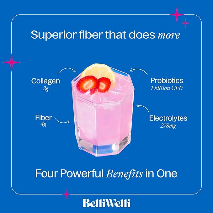 Daily Fiber Supplement Powder with Collagen, Probiotics & Electrolytes | Supports Digestive Health, Gut Balance & Debloating | Strawberry Lemonade | 16 Servings