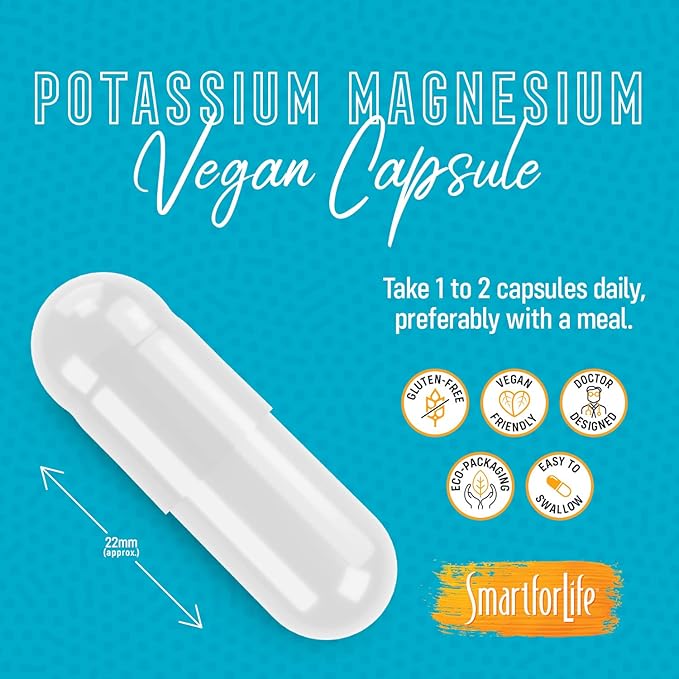 SMART FOR LIFE Potassium Magnesium Supplement – High Absorption Magnesium Complex – 90 Vegan Capsules - Magnesium and Potassium Supplement for Vascular Health, Magnesium for Leg Cramps and Sleep 90 ct