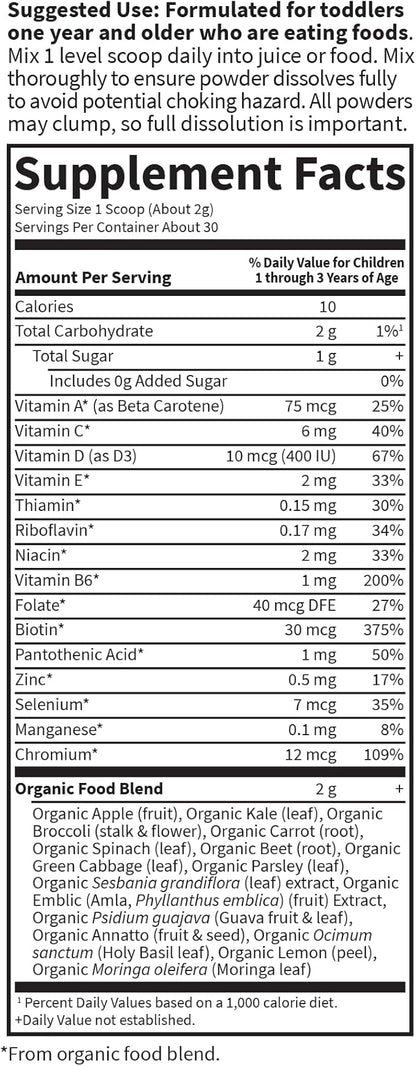 Garden of Life Kids Multivitamin Powder, Daily Vitamins and Minerals for Toddlers & Kids - Organic Toddler Multi Powder with 15 Vitamin C, D3, Zinc for Healthy Growth - Gluten Free - 30 Day Supply