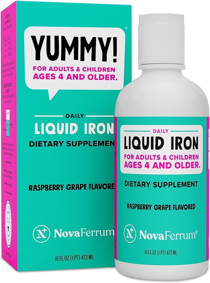 NovaFerrum Yummy 16 Fl Oz | Liquid Iron Supplement for Ages 4 & Up | 18mg of Iron/Tbsp | Gluten Free | Sugar-Free | Raspberry Grape