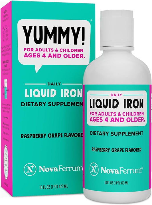 NovaFerrum Yummy 16 Fl Oz | Liquid Iron Supplement for Ages 4 & Up | 18mg of Iron/Tbsp | Gluten Free | Sugar-Free | Raspberry Grape