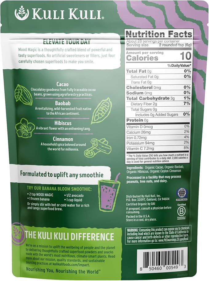 Kuli Kuli Mood Magic 6 oz Organic Uplifting Superfood Powder - Powerful Blend of Maca, Baobab, Hibiscus, and Cinnamon - Superfood powder blend for Mood, Stress Reduction, Cognitive Function