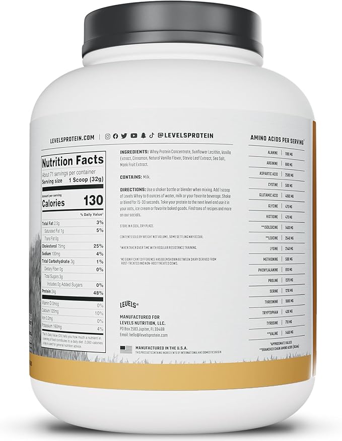 Levels Grass Fed Whey Protein Powder, No Artificials, 24G of Protein, Vanilla Cinnamon, 5LB