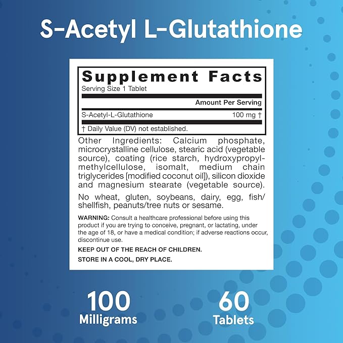 Jarrow Formulas S-Acetyl L-Glutathione Tablets - 100 mg - 60 Count - Dietary Supplement - Stable Form of L-Glutathione - for Antioxidant Support and Detoxification - Non-GMO - Gluten Free