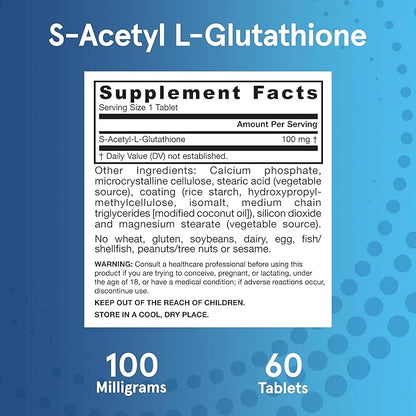 Jarrow Formulas S-Acetyl L-Glutathione Tablets - 100 mg - 60 Count - Dietary Supplement - Stable Form of L-Glutathione - for Antioxidant Support and Detoxification - Non-GMO - Gluten Free