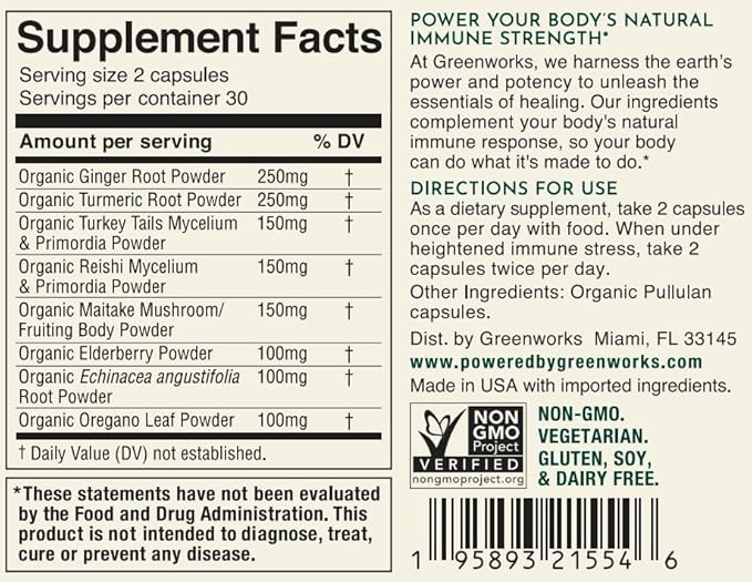 Greenworks Nature's Immune - Advanced Daily Immune Support with Elderberry, Echinacea, Ginger, Turmeric, Oregano, Turkey Tail, Reishi & Maitake - Organic, Vegan, Non-GMO (30 Servings)