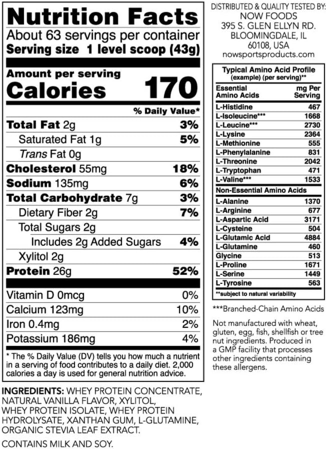 NOW Sports Nutrition, Whey Protein, 26 g With BCAAs, Creamy Vanilla Powder, 6-Pound