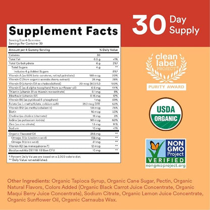 SmartyPants Organic Kids Multivitamin Gummies: Probiotics, Omega 3 (ALA), Vitamin D3, C, Vitamin B12, B6, Vitamin A, K & Zinc for Immune Support, Three Fruit Flavors, 120 Count (30 Day Supply)