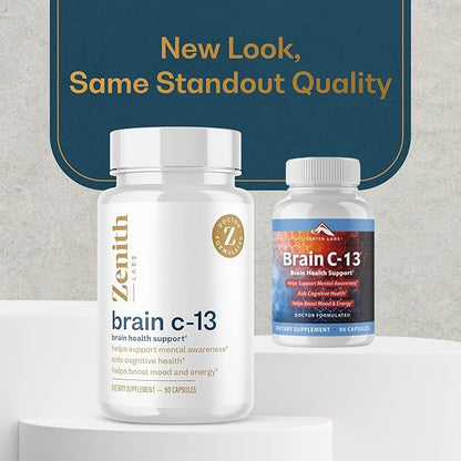 Brain C-13 Cognitive Booster Supplement by Zenith Labs - Natural Brain Health Support - Supports Memory, Focus, Concentration - Mental Clarity for Men Women