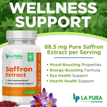 LaPura Pure Saffron Extract 88.5 mg Supplement, 60 Capsules – Natural Mood & Energy Booster, Eye & Heart Health - Non-GMO, Gluten-Free, Made in USA
