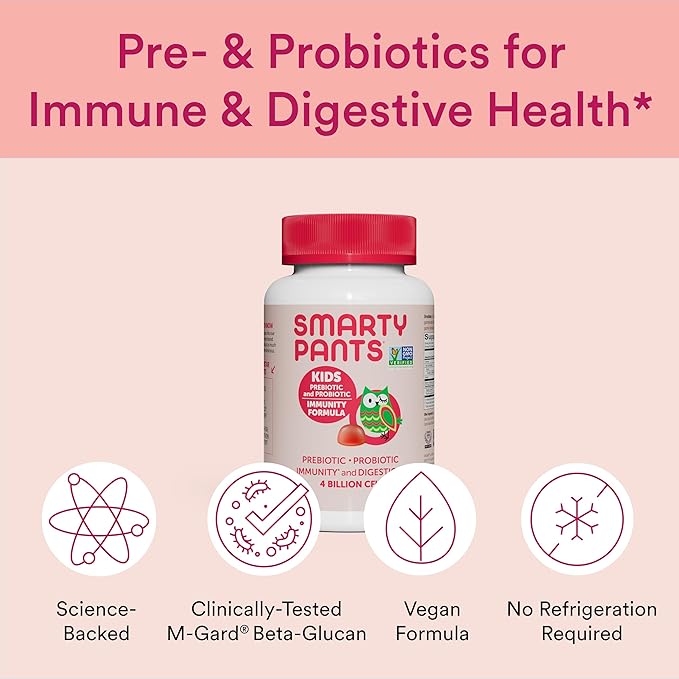 SmartyPants Kids Probiotic Immunity Gummies: Prebiotics & Probiotics for Digestive Health and Immune Support Supplement, Gluten Free, Vegan, Strawberry Crème Flavor, 60 Count (30 Day Supply)