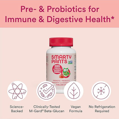 SmartyPants Kids Probiotic Immunity Gummies: Prebiotics & Probiotics for Digestive Health and Immune Support Supplement, Gluten Free, Vegan, Strawberry Crème Flavor, 60 Count (30 Day Supply)