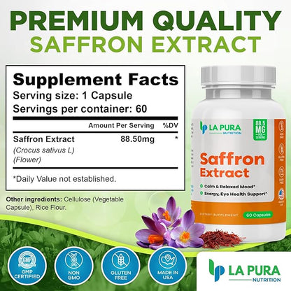 LaPura Pure Saffron Extract 88.5 mg Supplement, 60 Capsules – Natural Mood & Energy Booster, Eye & Heart Health - Non-GMO, Gluten-Free, Made in USA