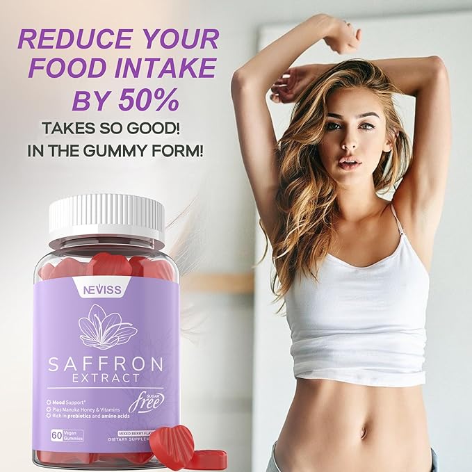 Saffron Gummies - Saffron Supplement Gummies 100% Pure Saffron Extract Whole Herb Gummies with Honey for Mood & Power, Vitamin B6, B12, D3, C - Sugar Free - Organic, Vegan, Mixed Berry Flavor - 60Cts