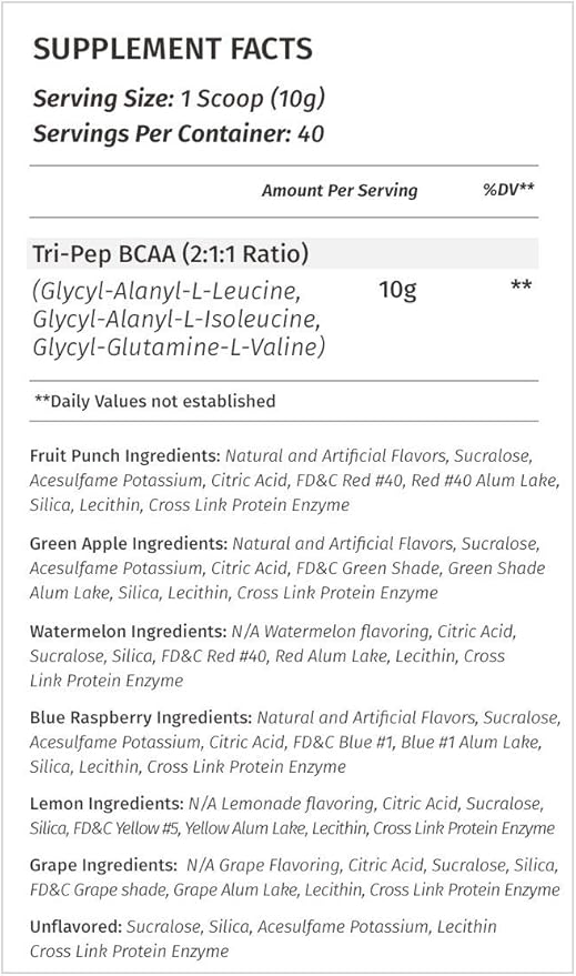 Metabolic Nutrition - TRIPEP - Tri-Peptide Branch Chain Amino Acid, BCAA Powder, Pre Intra Post Workout Supplement, Grape, 400 Grams (40 Servings)