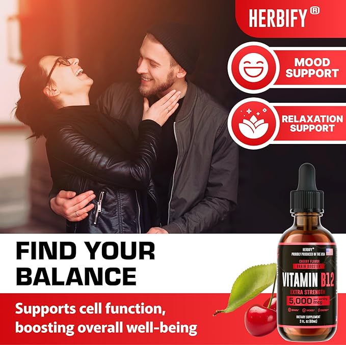 HERBIFY Vitamin B12 Organic Methylated Multivitamin Energy Supplements for Women & Men - Liquid B12 Vitamins 5000 Mcg Methylfolate - Energy Support and Natural Immune Health Liquid Vitamin 2 Oz
