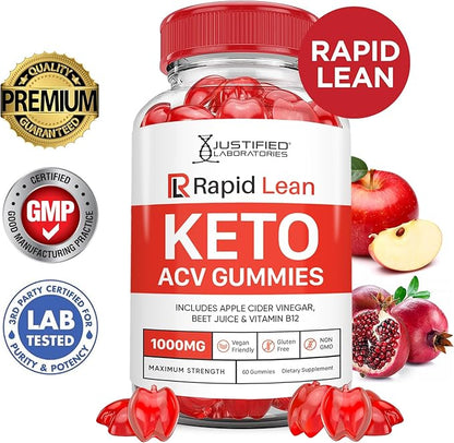 (3 Pack) Rapid Lean Keto ACV Gummies Advanced Formula 1000MG Rapid Lean Keto Gummies Apple Cider Vinegar Formulated with Pomegranate Beet Juice Powder B12 Vegan Non GMO 180 Gummys