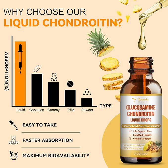 Glucosamine Chondroitin MSM Liquid Drops - FSA HSA Eligible Items List Chondroitin Sulfate Supplement Turmeric, Quercetin, Bromelain, MSM Oil Support Joint Health Vegan Supplements