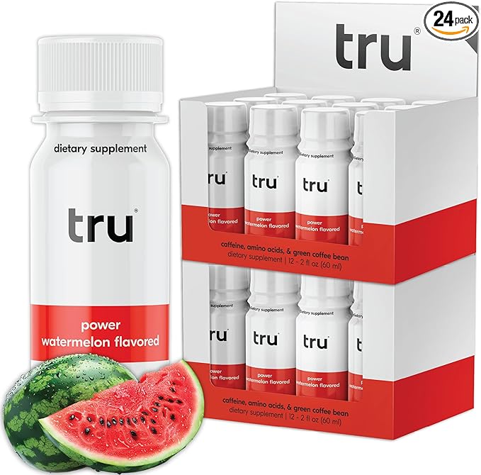 Tru Power Shot, Watermelon Flavored Extra Strength Energy Shots - Zero Sugar Pre Workout Drink plus Amino Acids and Green Coffee Bean - Natural Caffeine, GF, Keto, Vegan Supplement, 2oz (Pack of 24)