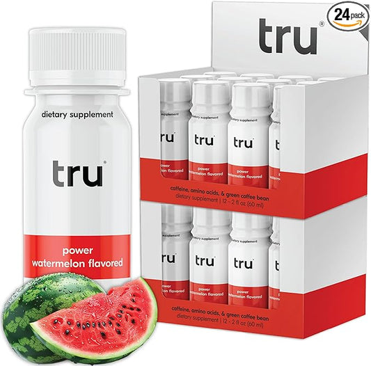 Tru Power Shot, Watermelon Flavored Extra Strength Energy Shots - Zero Sugar Pre Workout Drink plus Amino Acids and Green Coffee Bean - Natural Caffeine, GF, Keto, Vegan Supplement, 2oz (Pack of 24)