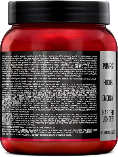 BSN N.O.-XPLODE Vaso Pre Workout Powder with 8g of L-Citrulline and 3.2g Beta-Alanine and Energy, Flavor: Cherry Bomb, 24 Servings
