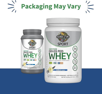 Garden of Life SPORT Whey Protein Powder Vanilla., Premium Grass Fed Whey Protein Isolate plus Probiotics for Immune System Health, 24g Protein, Non GMO, Gluten Free., Cold Processed - 20 Servings