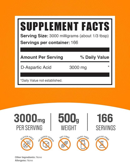BulkSupplements.com D-Aspartic Acid Powder - DAA Supplement for Men & Women, D-Aspartic Acid 3000mg - Unflavored & Gluten Free, 3000mg per Serving, 500g (1.1 lbs) (Pack of 1)