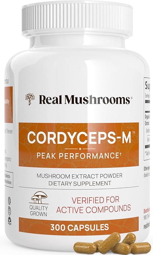 Real Mushrooms Cordyceps Capsules - Performance Mushroom Extract Supplement with Organic Cordyceps Militaris for Energy & Immune Support - Vegan Cordyceps Mushroom Supplement, Non-GMO, 300 Caps