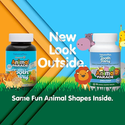 Natures Plus Animal Parade Tooth Fairy Children's Chewables - Natural Vanilla Flavor - 90 Animal-Shaped Tablets, Pack of 2 - Dental Health Supplement - Vegetarian, Gluten Free - 90 Total Servings